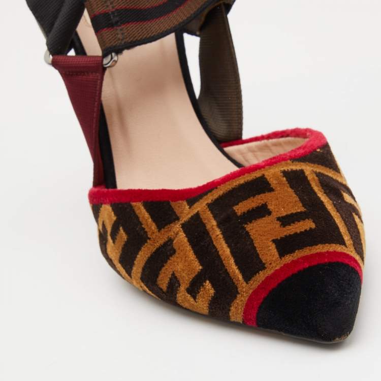 Pre Owned Fendi Multicolor Zucca Velvet and Canvas Colibri Slingback Pumps Size 38