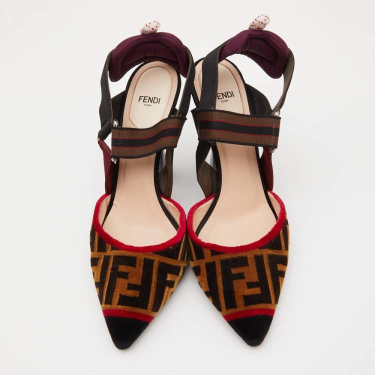 Pre Owned Fendi Multicolor Zucca Velvet and Canvas Colibri Slingback Pumps Size 38