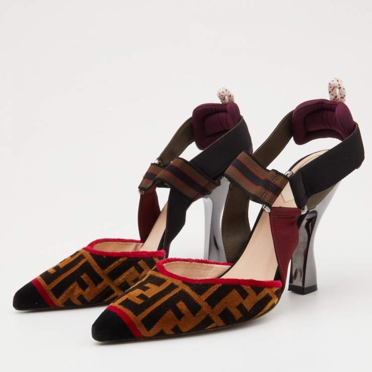 Pre Owned Fendi Multicolor Zucca Velvet and Canvas Colibri Slingback Pumps Size 38
