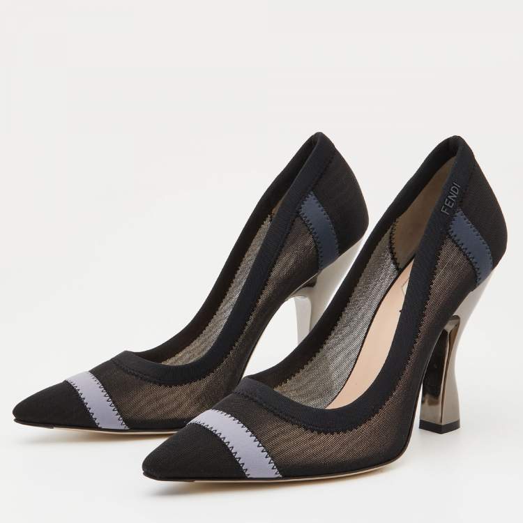 Pre Owned Fendi Black/Grey Mesh Colibri Pointed Toe Pumps Size 38