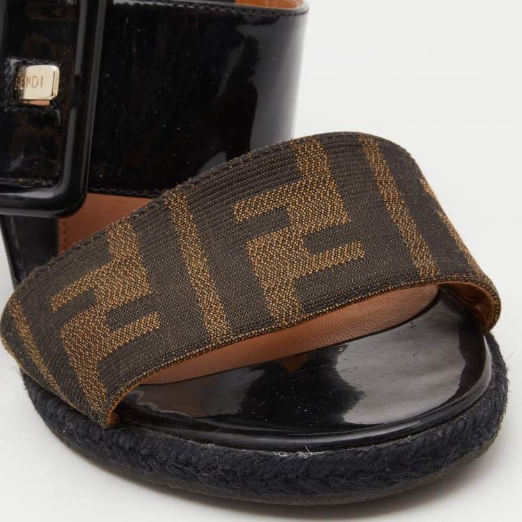Pre Owned Fendi Brown/Black Zucca Canvas and Patent Leather Demi Wedge Sandals Size 38