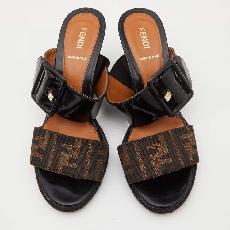 Pre Owned Fendi Brown/Black Zucca Canvas and Patent Leather Demi Wedge Sandals Size 38
