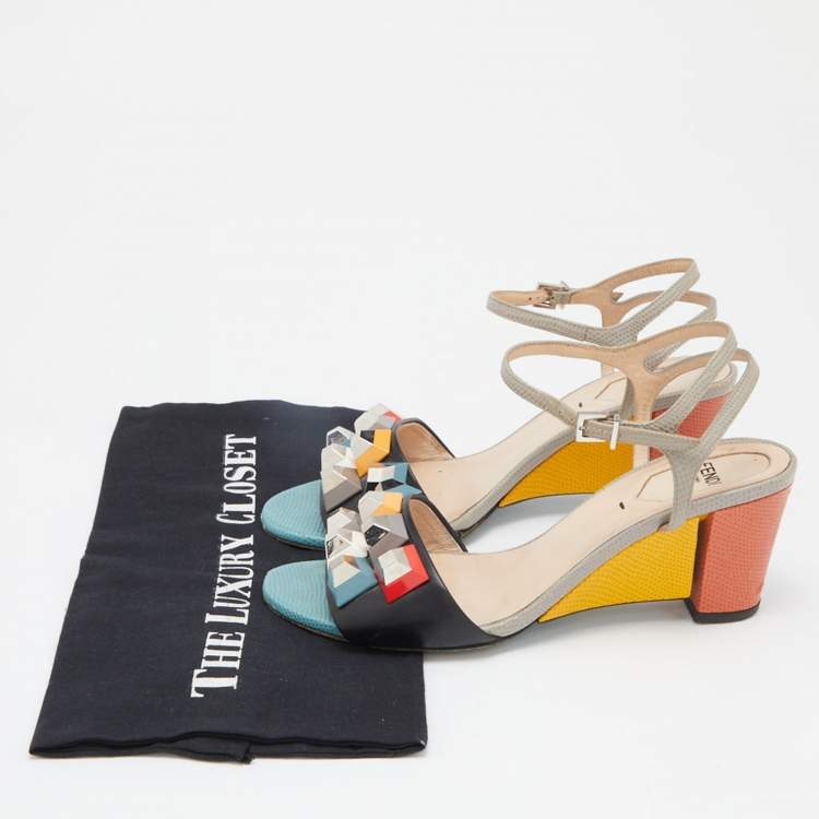 Pre Owned Fendi Multicolor Leather and Embossed Lizard Fantasia Studded Ankle Strap Sandals Size 37.5 