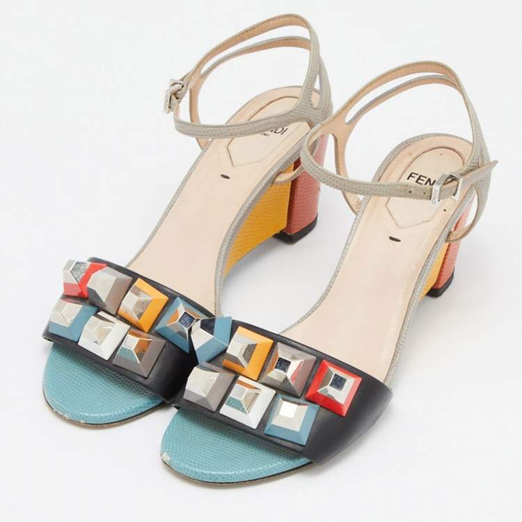 Pre Owned Fendi Multicolor Leather and Embossed Lizard Fantasia Studded Ankle Strap Sandals Size 37.5 