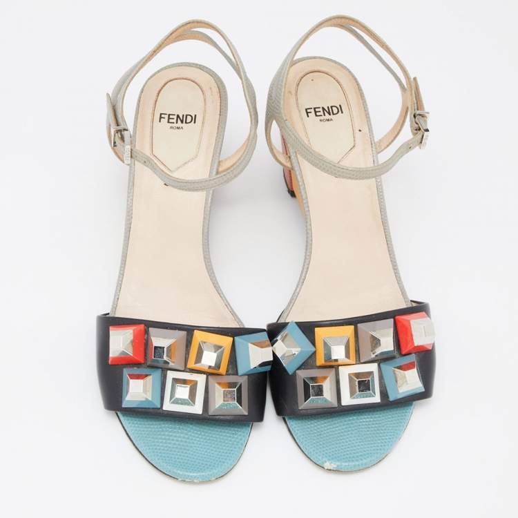 Pre Owned Fendi Multicolor Leather and Embossed Lizard Fantasia Studded Ankle Strap Sandals Size 37.5 
