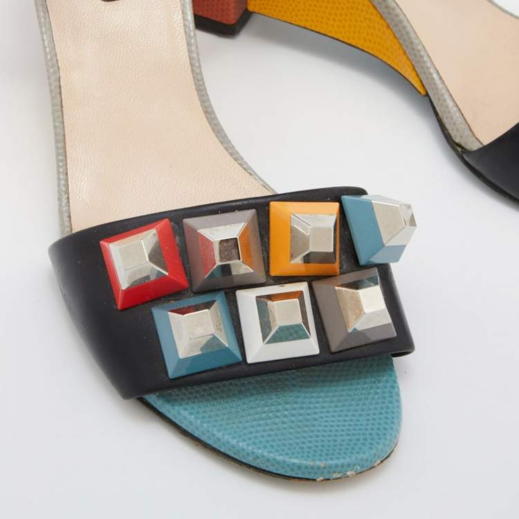 Pre Owned Fendi Multicolor Leather and Embossed Lizard Fantasia Studded Ankle Strap Sandals Size 37.5 