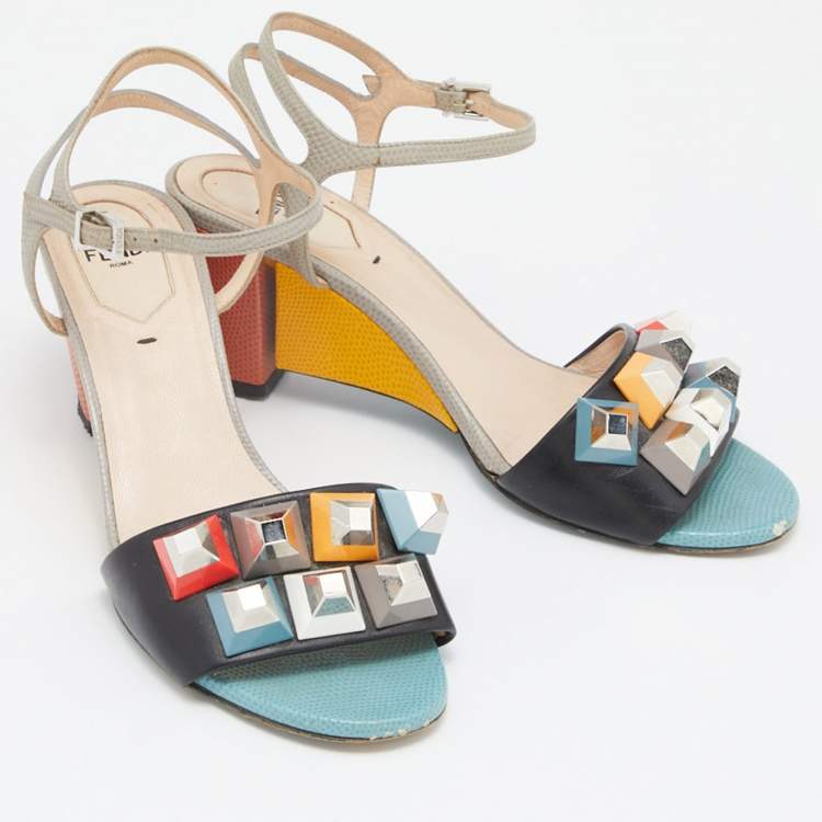Pre Owned Fendi Multicolor Leather and Embossed Lizard Fantasia Studded Ankle Strap Sandals Size 37.5 
