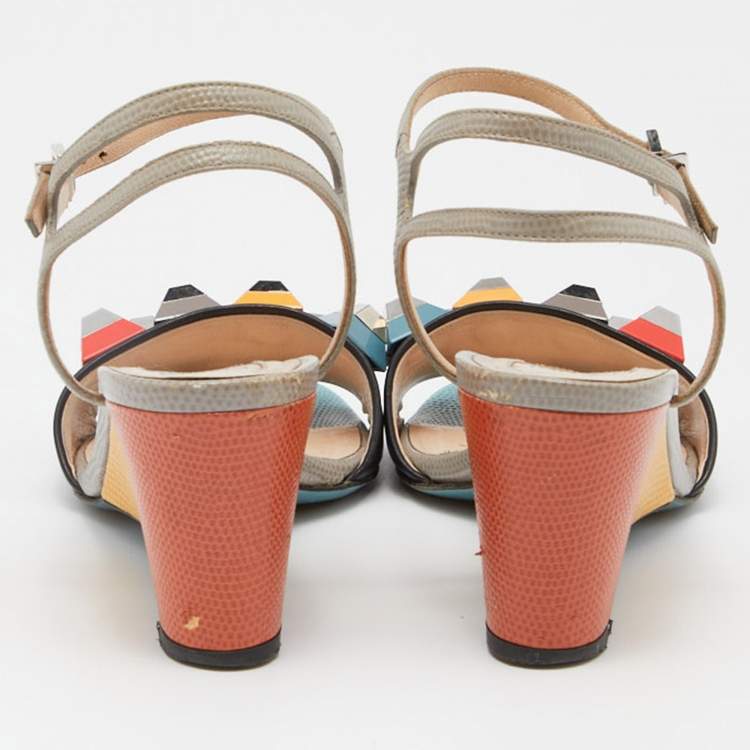 Pre Owned Fendi Multicolor Leather and Embossed Lizard Fantasia Studded Ankle Strap Sandals Size 37.5 
