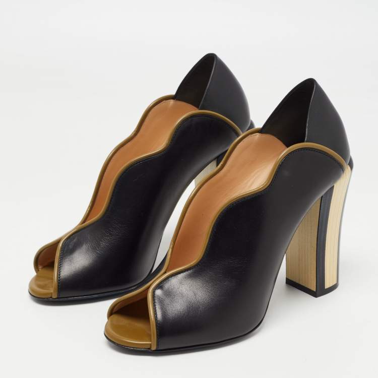 Fendi Black/Olive Green Leather Wave Block Heel Peep Toe Pumps