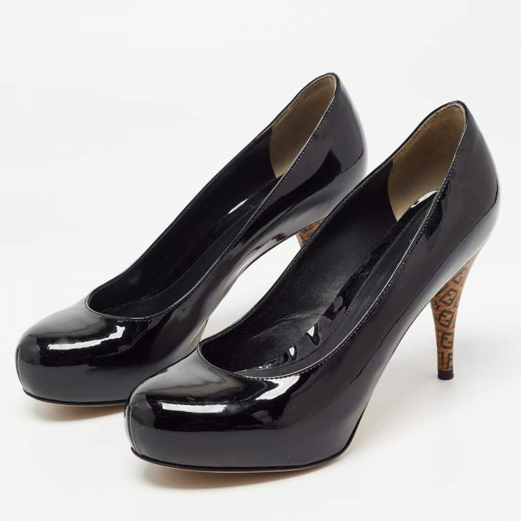 Pre Owned Fendi Black Patent Leather FF Superstar Pumps Size 37