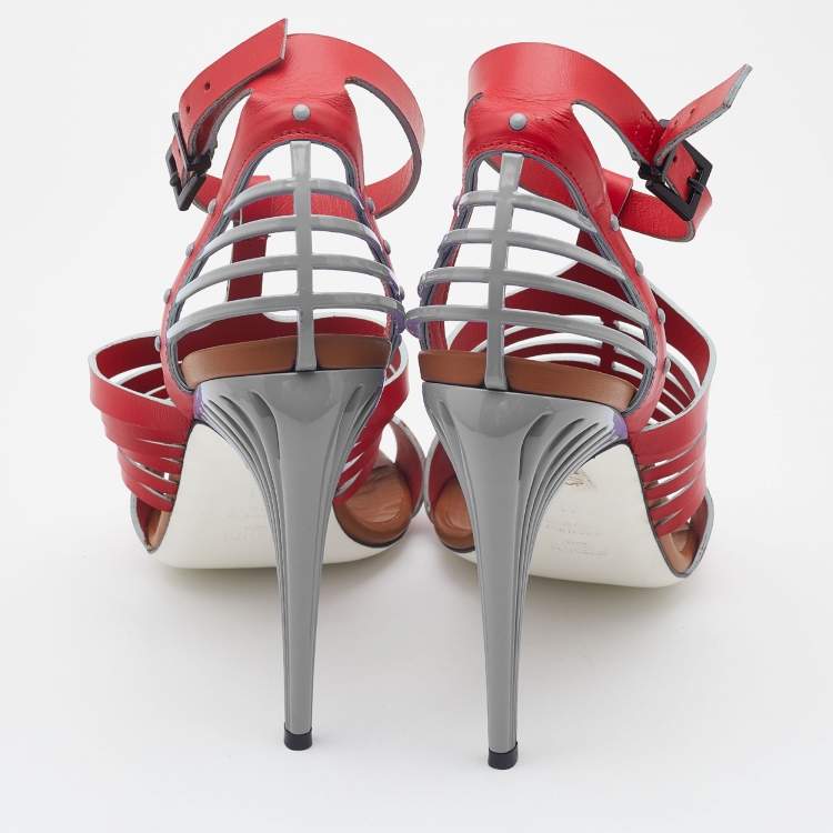 Pre Owned Fendi Red/Blue Leather Tiffany Ankle Strap Sandals Size 41