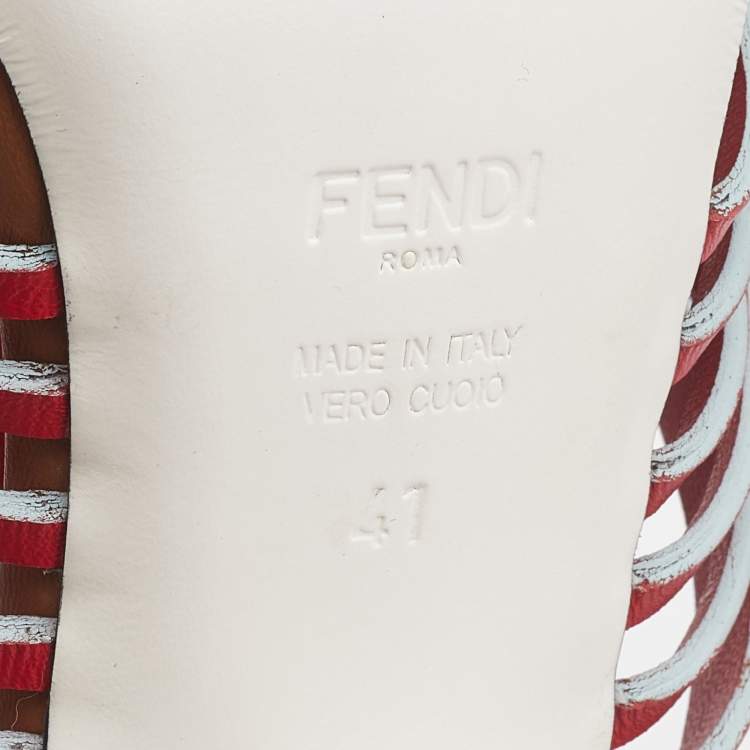 Pre Owned Fendi Red/Blue Leather Tiffany Ankle Strap Sandals Size 41