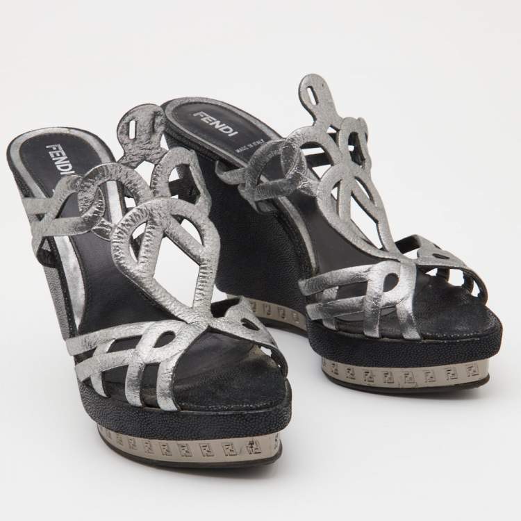 Pre Owned Fendi Metallic Grey Fabric Cut Out Wedge Slide Sandals Size 37