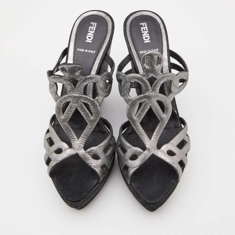 Pre Owned Fendi Metallic Grey Fabric Cut Out Wedge Slide Sandals Size 37