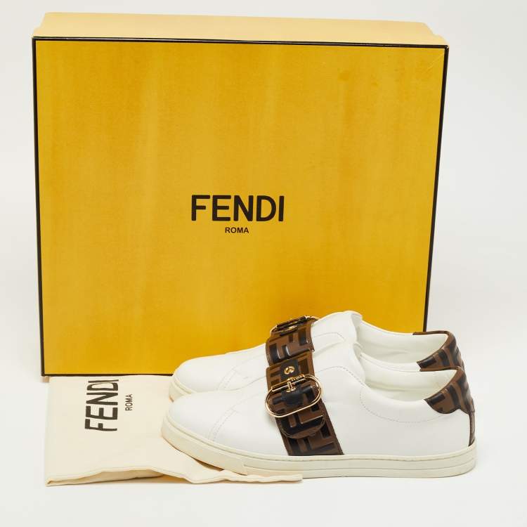 Pre Owned Fendi White/Brown Zucca Leather Pearland Slip On Sneakers Size 39