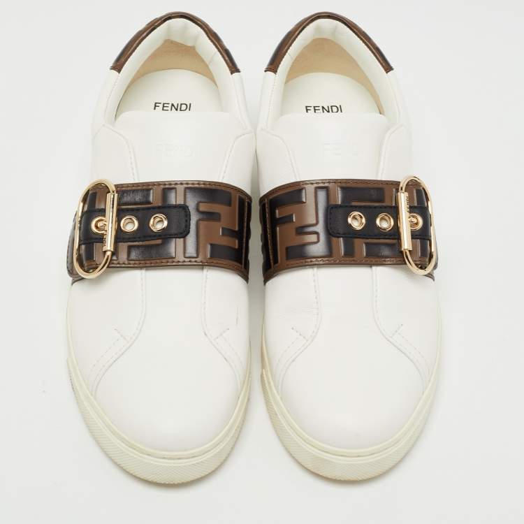 Pre Owned Fendi White/Brown Zucca Leather Pearland Slip On Sneakers Size 39