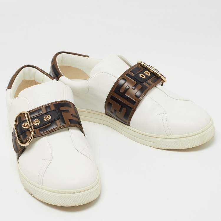 Pre Owned Fendi White/Brown Zucca Leather Pearland Slip On Sneakers Size 39