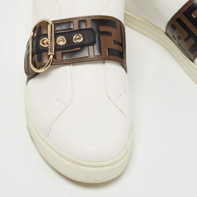 Pre Owned Fendi White/Brown Zucca Leather Pearland Slip On Sneakers Size 39