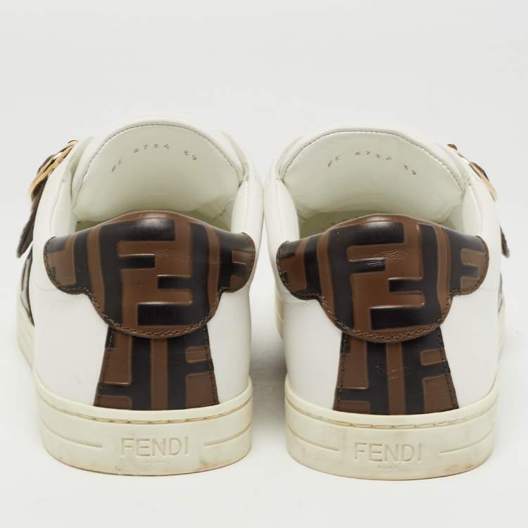 Pre Owned Fendi White/Brown Zucca Leather Pearland Slip On Sneakers Size 39