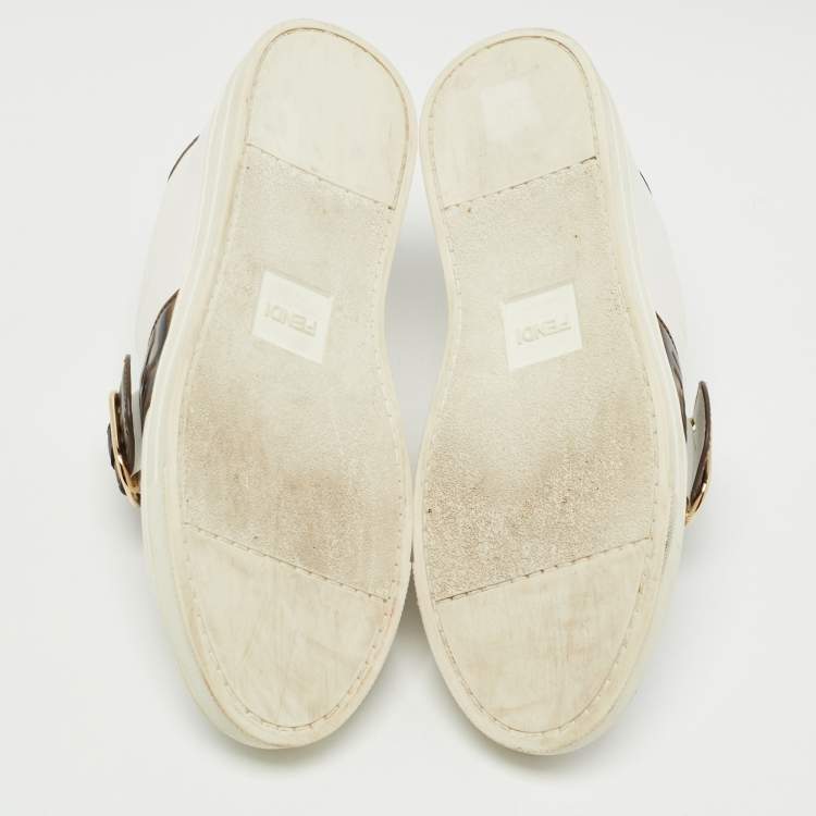 Pre Owned Fendi White/Brown Zucca Leather Pearland Slip On Sneakers Size 39