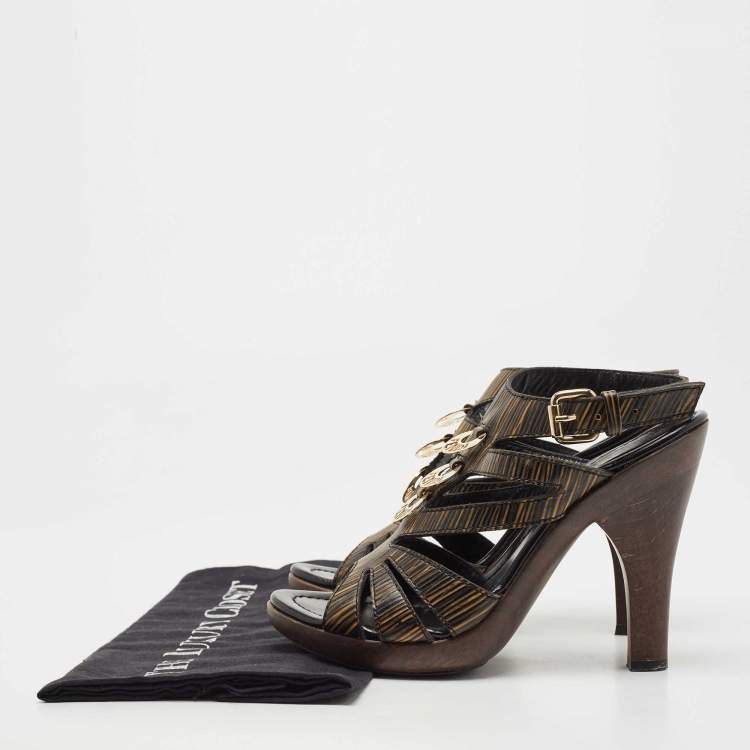 Pre Owned Fendi Black/Brown Leather Buckle Ankle Strap Sandals Size 36.5