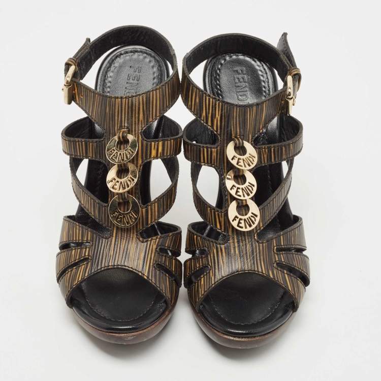 Pre Owned Fendi Black/Brown Leather Buckle Ankle Strap Sandals Size 36.5