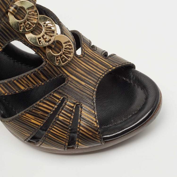 Pre Owned Fendi Black/Brown Leather Buckle Ankle Strap Sandals Size 36.5