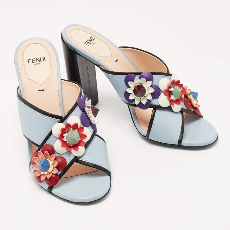 Pre Owned Fendi Blue Leather Flowerland Slide Sandals Size 38