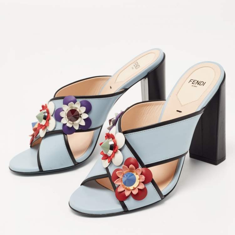 Pre Owned Fendi Blue Leather Flowerland Slide Sandals Size 38