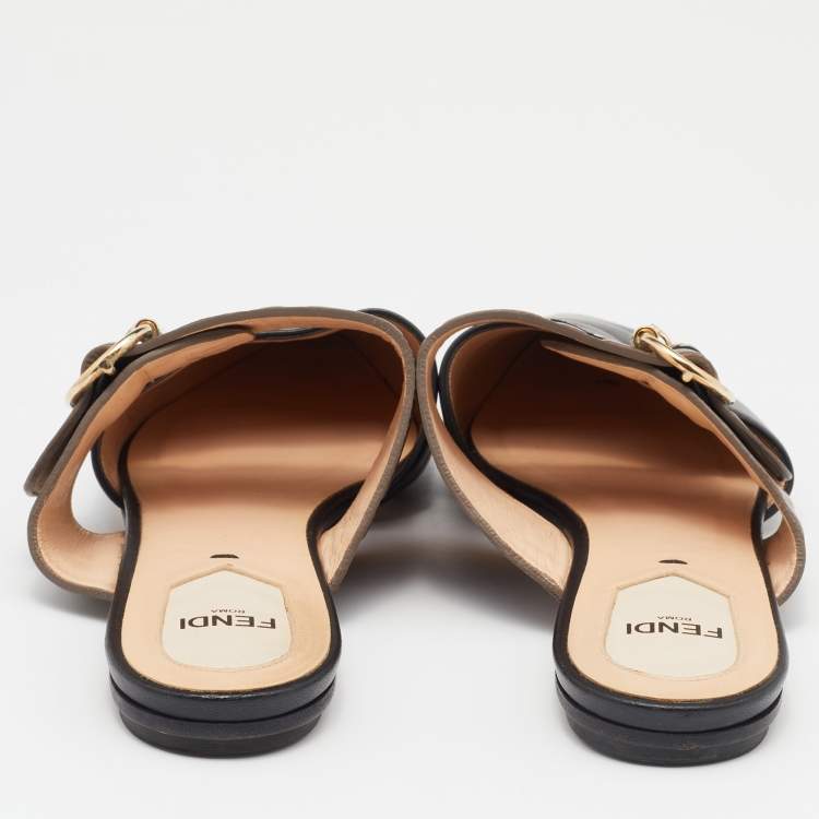 Pre Owned Fendi Black/Brown Leather FF Logo Buckle Mules Size 36
