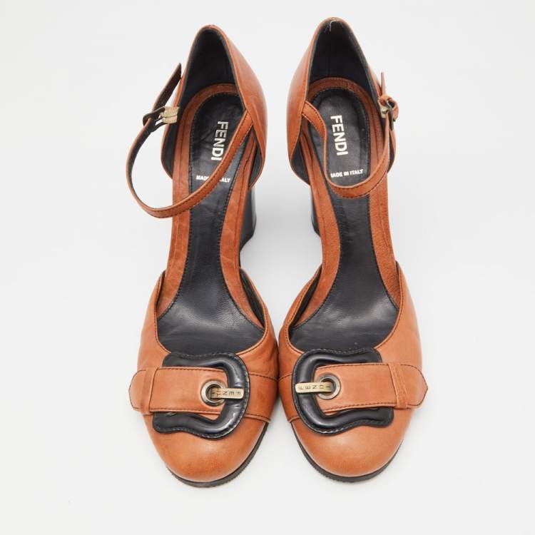 Pre Owned Fendi Brown Leather Buckle Detail Ankle Strap Wedge Pumps Size 40