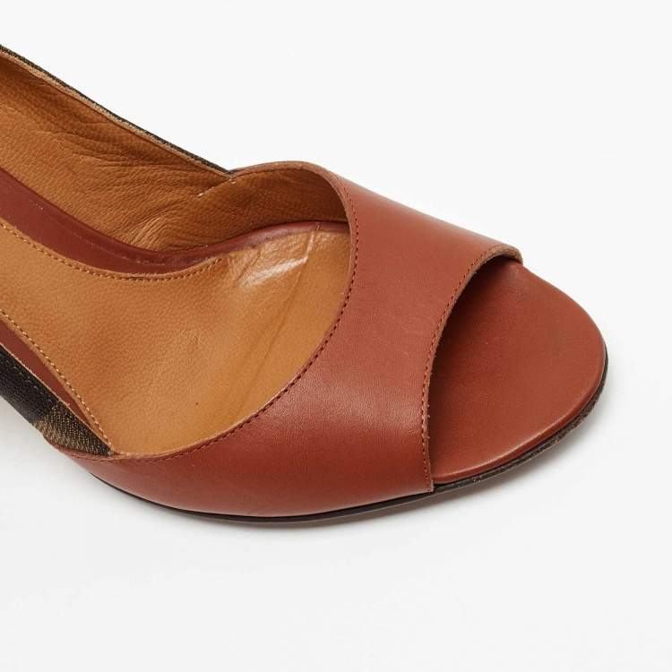 Pre Owned Fendi Tricolor Leather and Pequin Canvas Open Toe Pumps Size 39