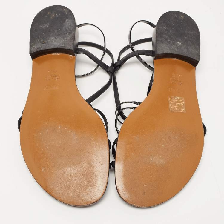 Pre Owned Fendi Black Patent and Leather Strappy Flat Sandals Size 38.5