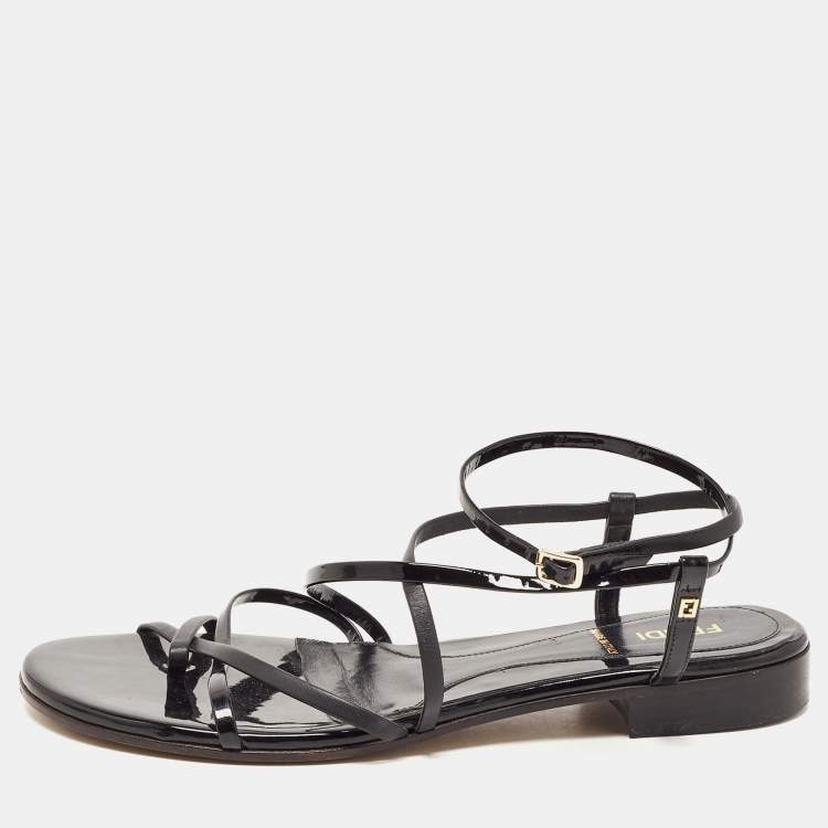 Fendi Black Patent and Leather Strappy Flat Sandals Size 38.5