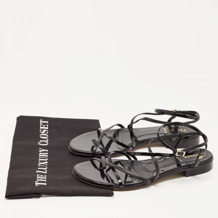 Pre Owned Fendi Black Patent and Leather Strappy Flat Sandals Size 38.5