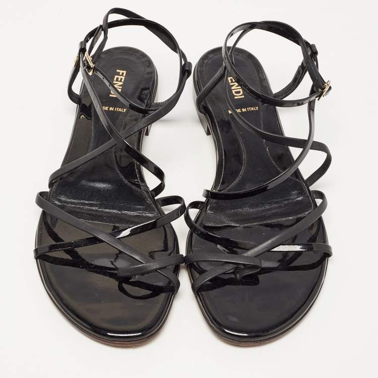 Pre Owned Fendi Black Patent and Leather Strappy Flat Sandals Size 38.5