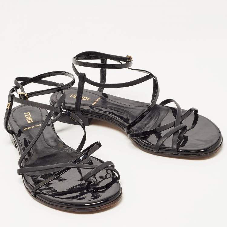 Pre Owned Fendi Black Patent and Leather Strappy Flat Sandals Size 38.5