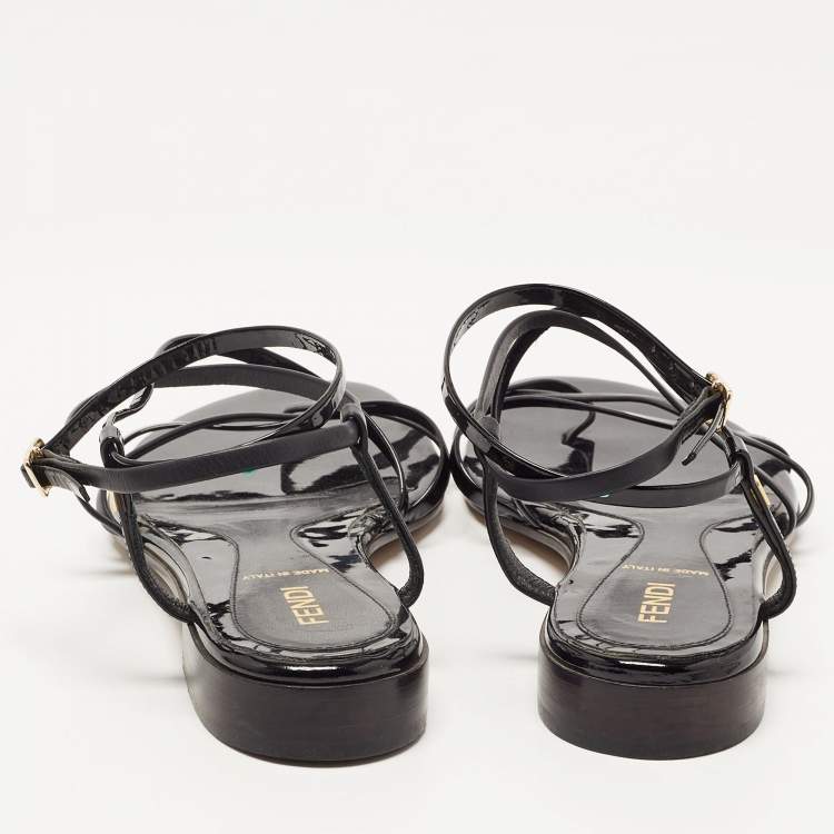 Pre Owned Fendi Black Patent and Leather Strappy Flat Sandals Size 38.5