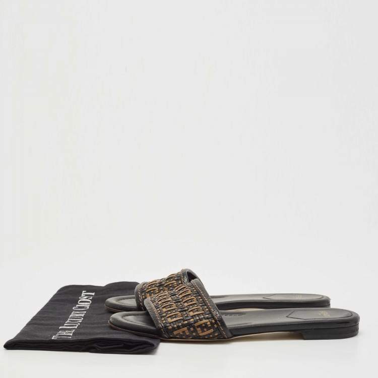 Pre Owned Fendi Black/Gold Woven Leather FF Interlace Slide Flat Size 38