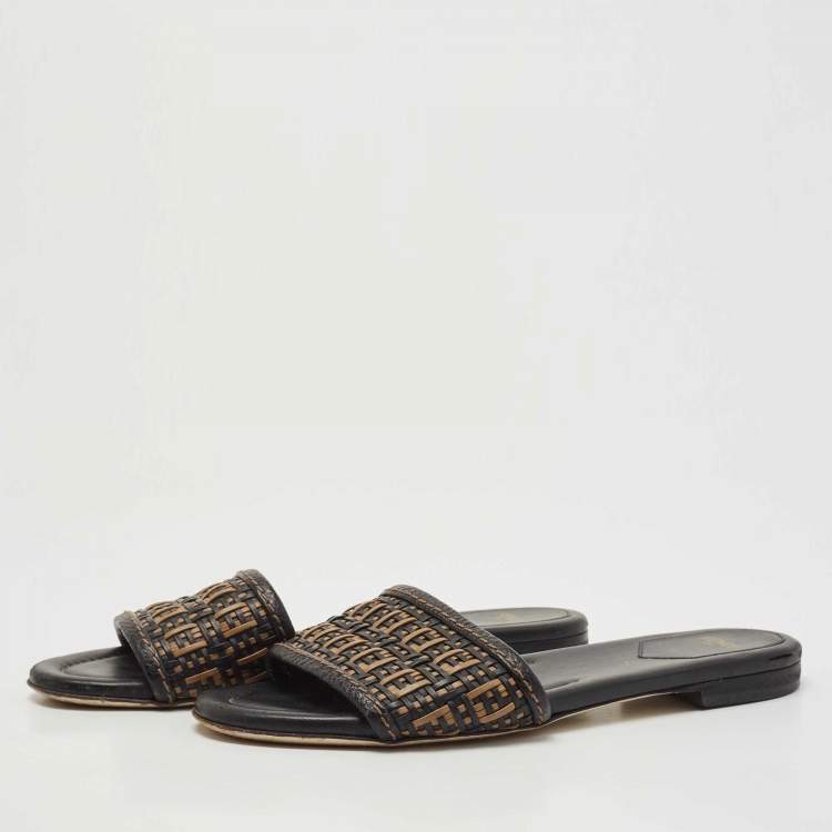 Pre Owned Fendi Black/Gold Woven Leather FF Interlace Slide Flat Size 38