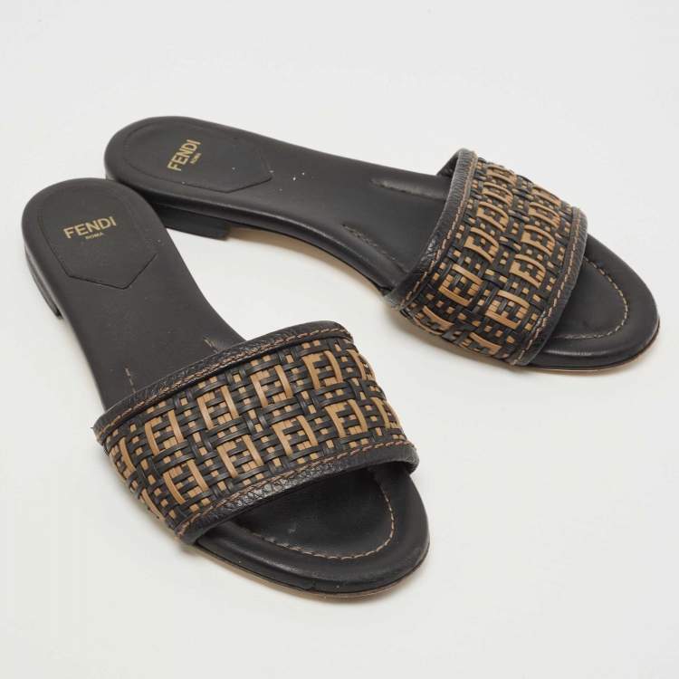 Pre Owned Fendi Black/Gold Woven Leather FF Interlace Slide Flat Size 38