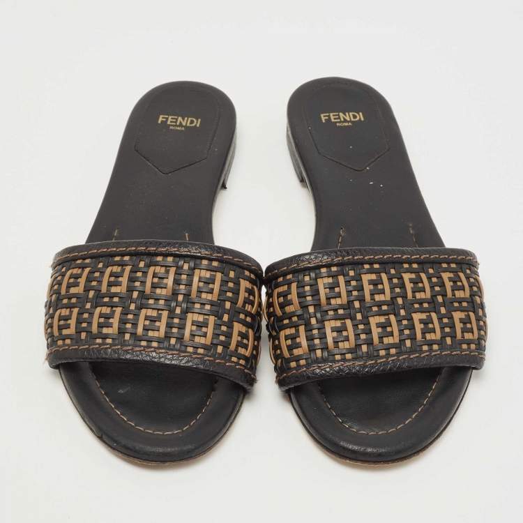 Pre Owned Fendi Black/Gold Woven Leather FF Interlace Slide Flat Size 38