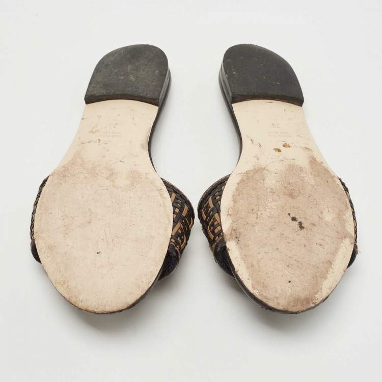 Pre Owned Fendi Black/Gold Woven Leather FF Interlace Slide Flat Size 38