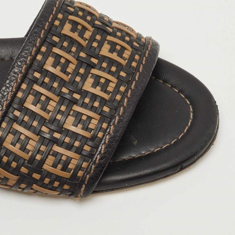 Pre Owned Fendi Black/Gold Woven Leather FF Interlace Slide Flat Size 38