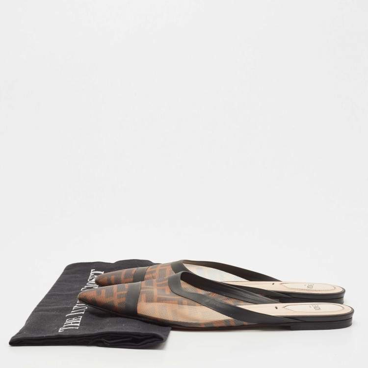 Pre Owned Fendi Tobacco FF Logo Print Mesh Colibri Flat Mules Size 38