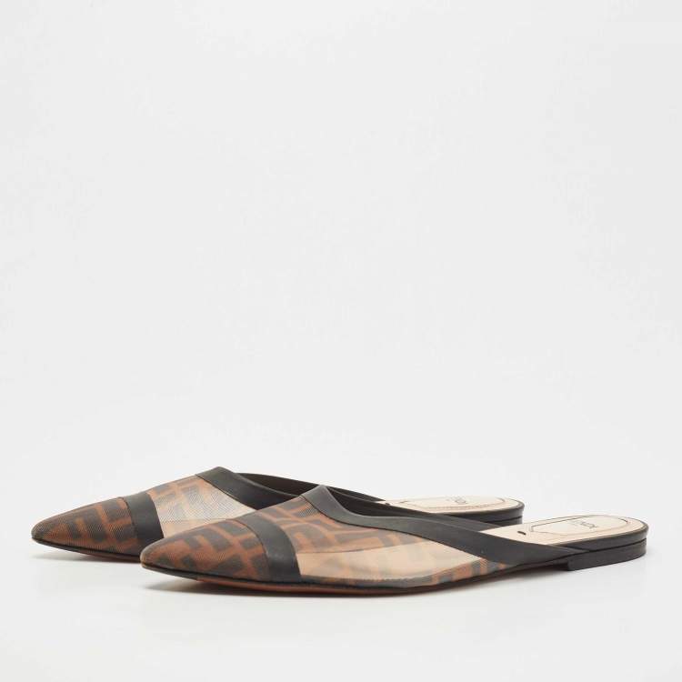 Pre Owned Fendi Tobacco FF Logo Print Mesh Colibri Flat Mules Size 38