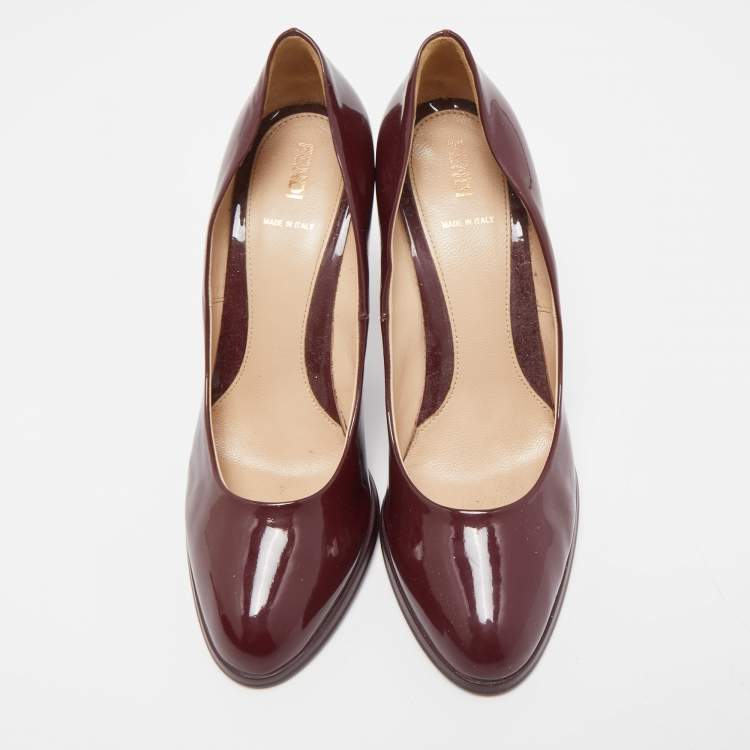 Pre Owned Fendi Burgundy Patent Leather Round Toe Platform Pumps Size 39