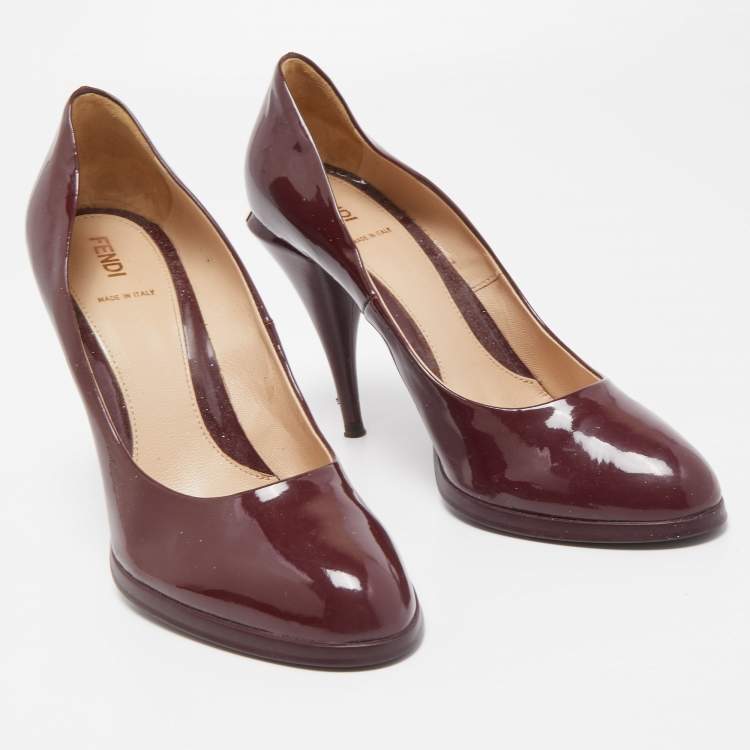 Pre Owned Fendi Burgundy Patent Leather Round Toe Platform Pumps Size 39