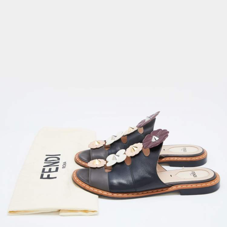 Pre Owned Fendi Black Leather Floral Applique Flat Mules Size 37