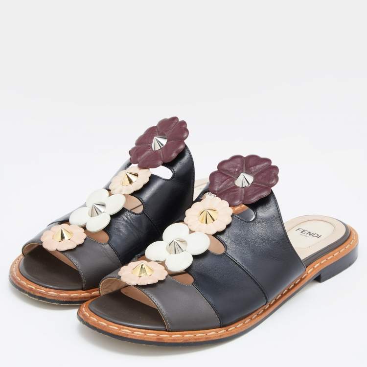 Pre Owned Fendi Black Leather Floral Applique Flat Mules Size 37